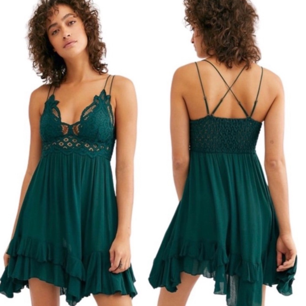 NWoT Free People Forest Green Crochet Top Sundress Adjustable Straps Large